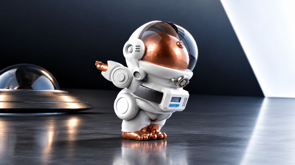 Custom astronaut character sculpture with white spacesuit and metallic copper helmet for commercial displays