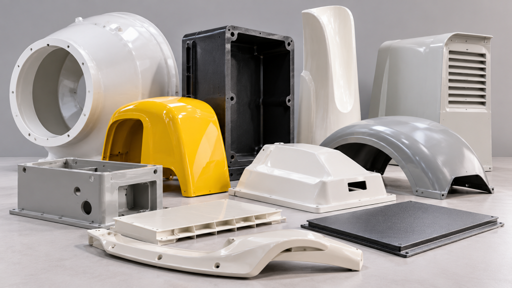 Custom fiberglass components including molded FRP panels, curved structural parts, flanged ducts and industrial composite parts