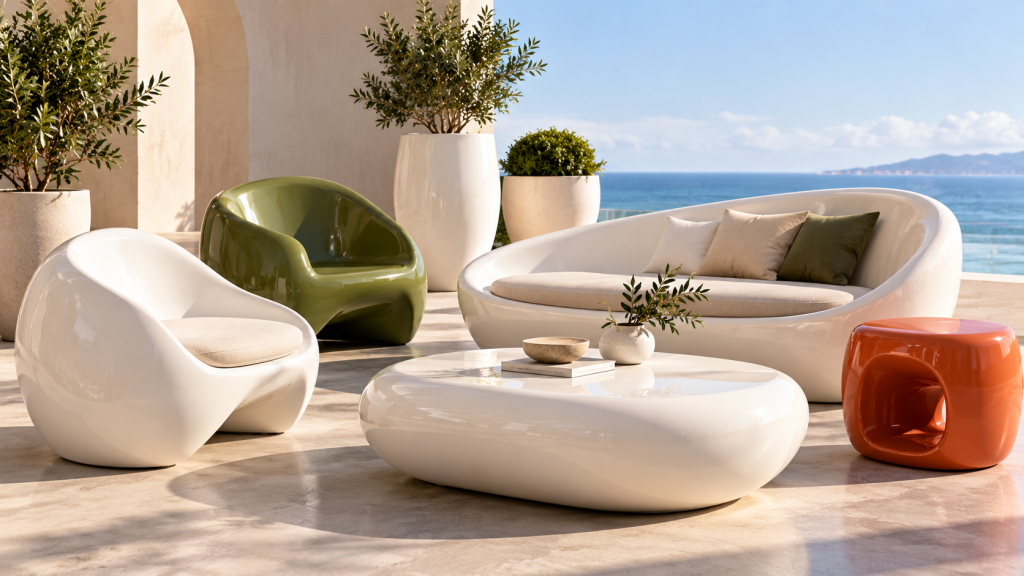 Custom fiberglass outdoor furniture featuring sculptural sofas, lounge chairs, coffee tables and stools