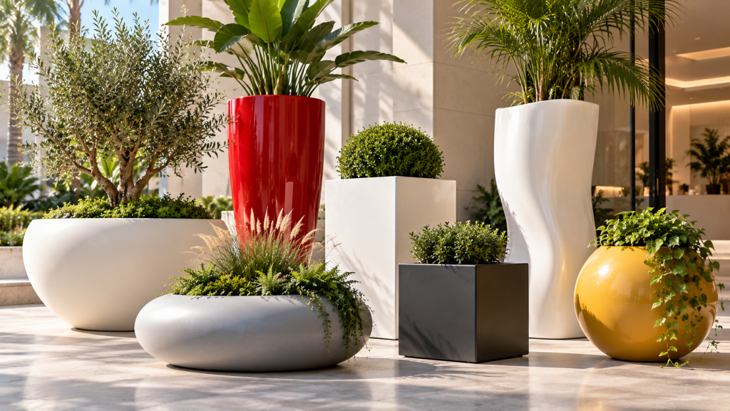 Custom fiberglass planters in various shapes and colors, including large outdoor pots, round planters and modern geometric plant containers