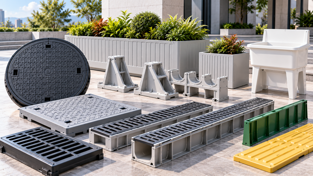 SMC molded fiberglass products including composite manhole covers, drainage grates, trench covers, planters and utility sinks