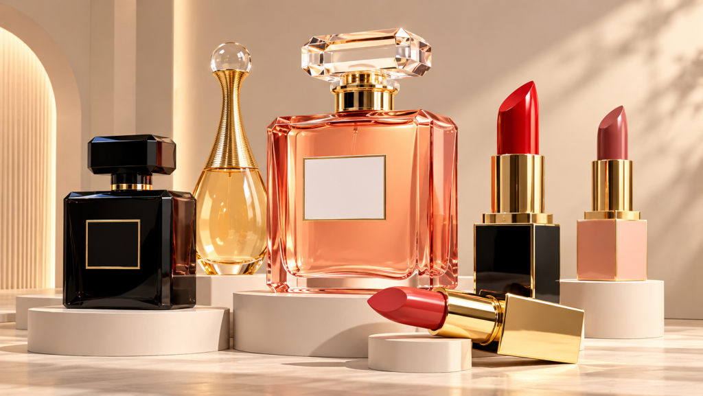 Oversized cosmetic bottle and lipstick display models for luxury beauty retail displays