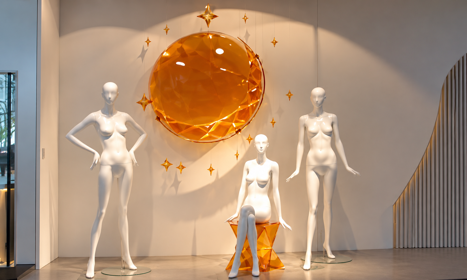 Transparent resin decorative installation for retail display
