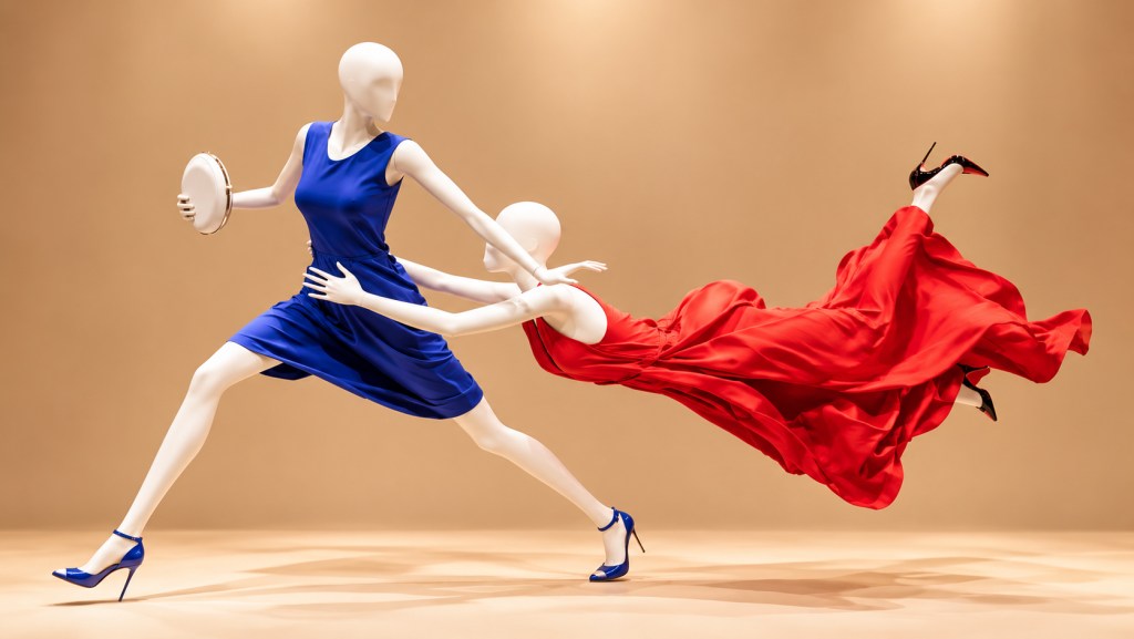Custom fiberglass mannequins in dynamic poses wearing blue and red dresses for fashion retail displays